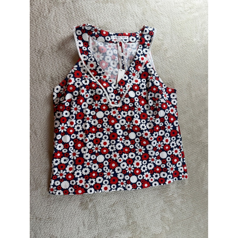Trina Turk Womens Floral V-Neck Sleeveless Top Red White Navy Blue Size 12‎ NEW - Picture 2 of 12